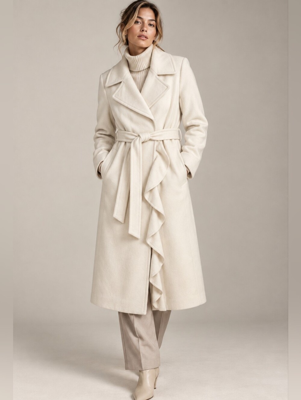 GARNET HILL Wool Blend Tie Waist Ruffle Detail Double Breasted Coat In Ivory 8P